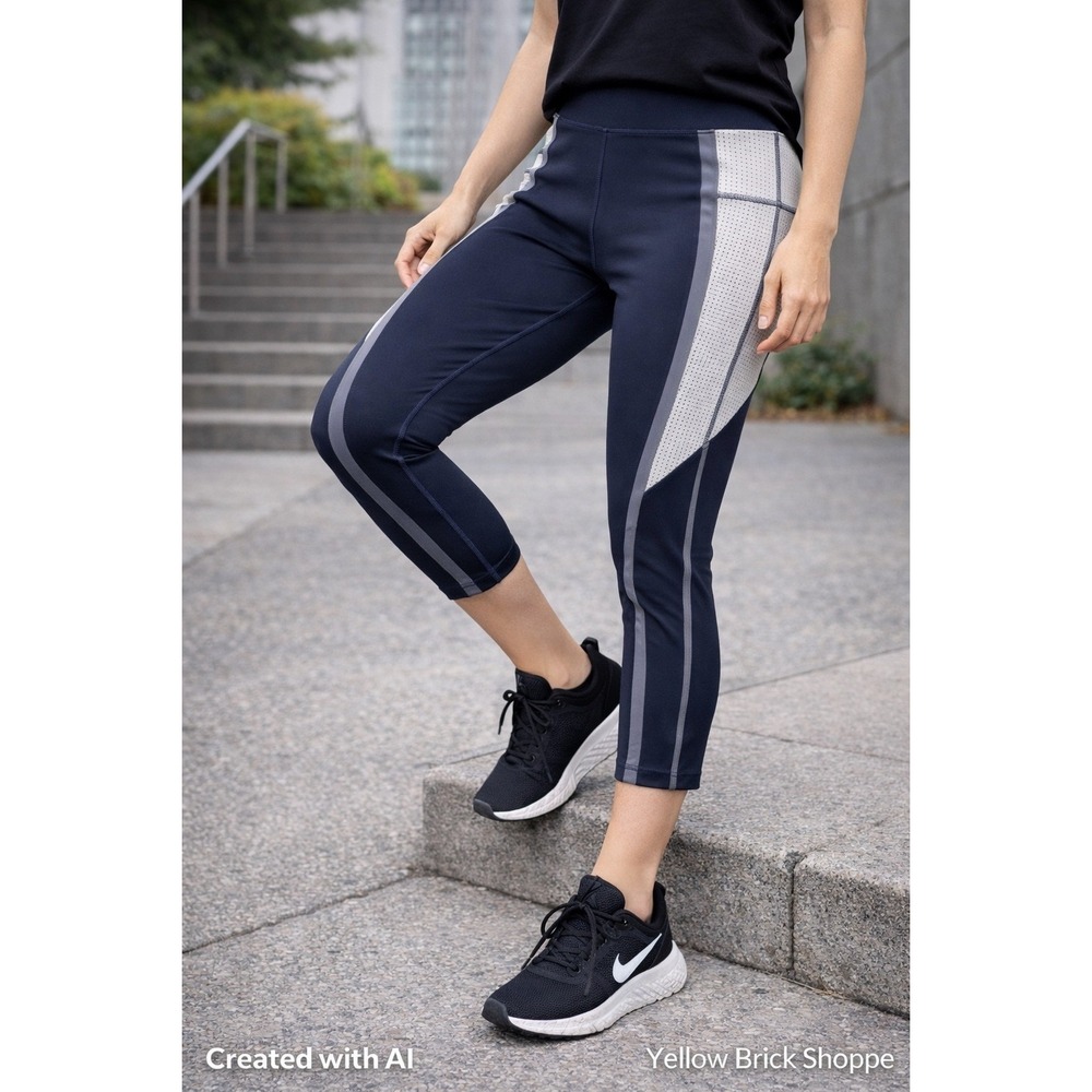 Athleta Navy Blue Gray Perforated‎ Side Panels High Waisted Leggings Large
